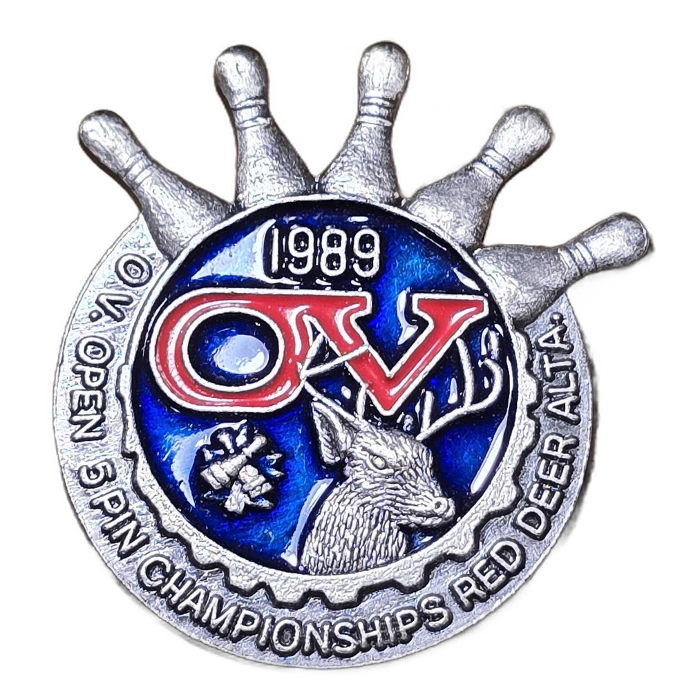 1989 O.V. Open 5 Pin Bowling Championships Red Deer Alta Lapel Vest Hat Pin D17